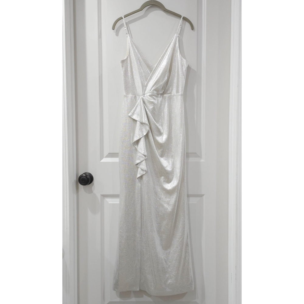 ELIZA J Ivory Shimmer Draped Maxi Dress with Ruffle Slit – Glam Occasion 6P - Picture 2 of 14
